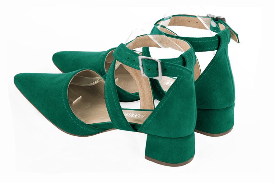 Emerald green women's open side shoes, with crossed straps. Tapered toe. Low flare heels. Rear view - Florence KOOIJMAN